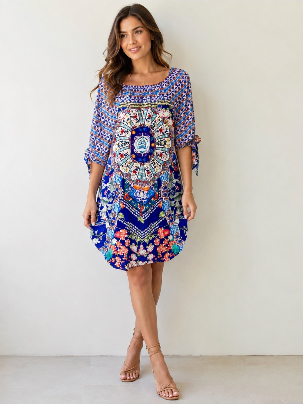 Boston Proper Boho Tile Print Tunic Dress Small Tie Sleeve Satin Feel